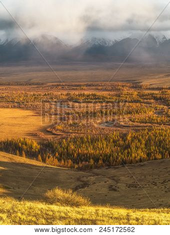 Beautiful  Mountain Landscape Of Altai With Chuya River Valley, Altai Mountain Republic, Russia.
