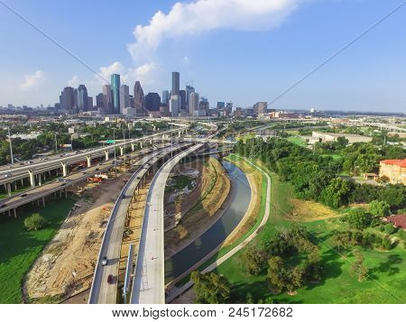Downtown And Interstate I45 Highway Flyover Aerial