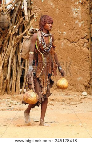 Turmi, Omo Valley, Ethiopia - 29 July 2013: Ethiopian People From Hamer People Being A Local Ethnic 