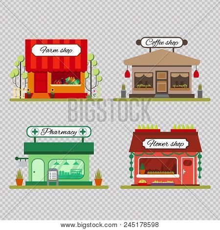 Set Of Different Shops In Flat Style - Farm Product, Coffee And Flower Store - Vector Illustration S