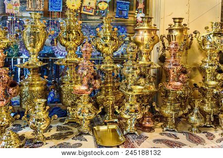 Isfahan, Iran - March 21, 2018: Samovars For Sale On Grand Bazaar Next To Naqsh-e Jahan Square