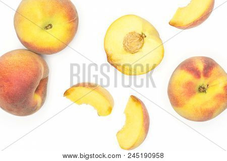 Yellow Peaches Flatlay Collection Isolated On White Background