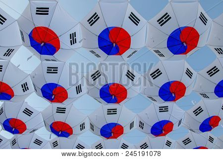 Taegeukgi, The National Flag Of Korea Made Of Umbrellas Hanging In The Sky