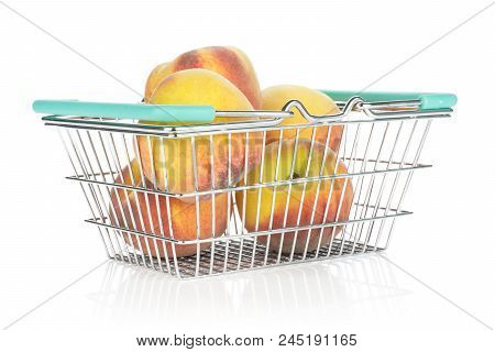 Yellow Peaches In A Shopping Basket Isolated On White Background