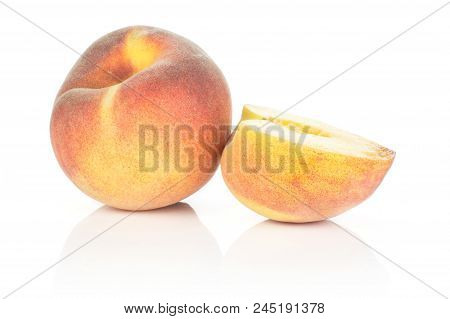 One Yellow Peach With A Cut Half Without Drupe Isolated On White Background