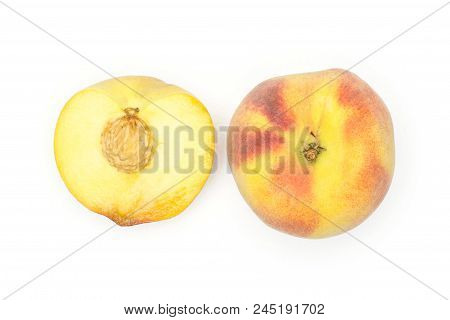 One Yellow Peach And A Half With A Drupe Flatlay Isolated On White Background