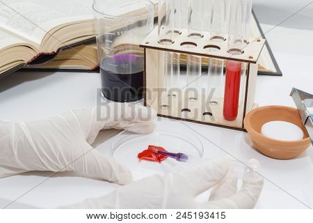 Lab Tube, Eppendorfs With Red Liquid. White Background. Studio Shot