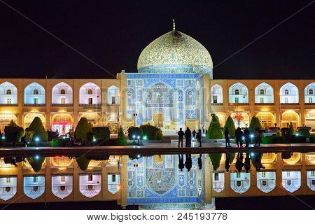 Sheikh Lotfollah Mosque In Eastern Side Of Naghsh-e Jahan Square At Night. Isfahan. Iran