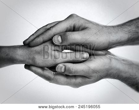 Concept Of Caring, Tenderness, Protection. Male And Female Hands Touch Each Other.
