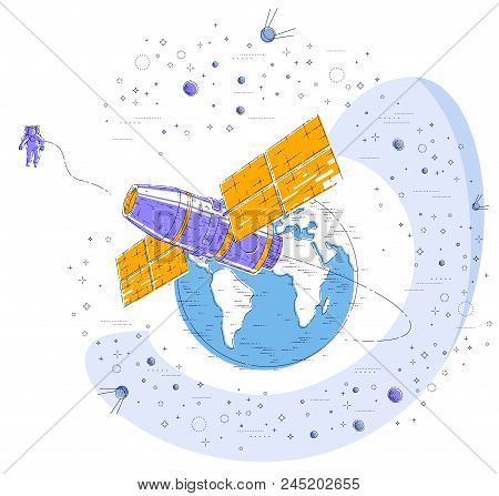Space Station Flying Orbital Flight Around Earth, Spacecraft Spaceship Iss With Solar Panels, Artifi
