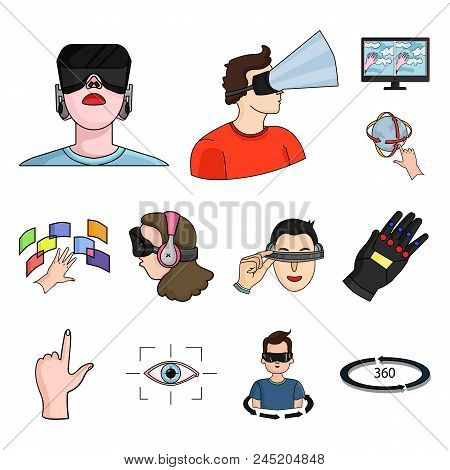 A Virtual Reality Cartoon Icons In Set Collection For Design. Modern Technology And Equipment Vector