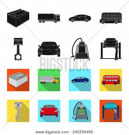 Car On Lift, Piston And Pump Black, Flet Icons In Set Collection For Design.car Maintenance Station 
