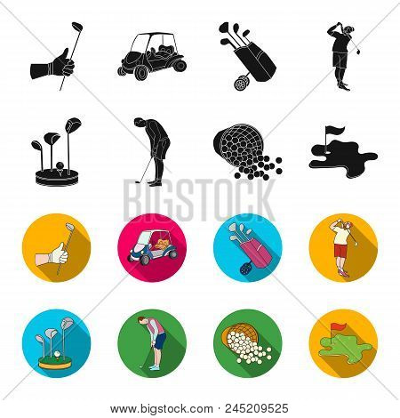 Stand For A Golf Club, Muzhchin Playing With A Club, Basket With Balls, Label With A Flag On The Gol