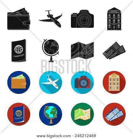 Vacation, Travel, Passport, Globe .rest And Travel Set Collection Icons In Black, Flet Style Vector 