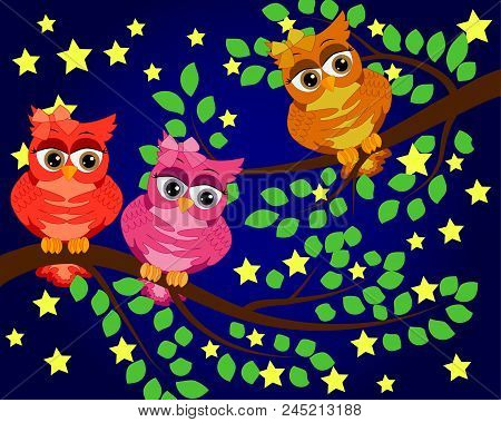 Good Night And Sweet Dreams.night Scene With Moon, Stars And Owl.owl On The Branch.moon Made From St