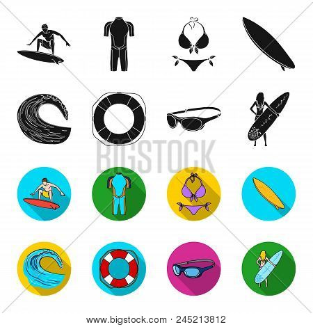 Oncoming Wave, Life Ring, Goggles, Girl Surfing. Surfing Set Collection Icons In Black, Flet Style V
