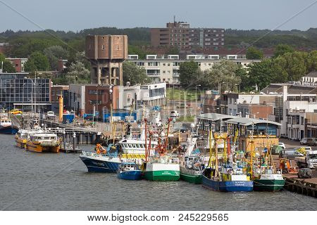 Ijmuiden, The Netherlands - May 17, 2018: Fishing Ships In Dutch Harbor Ijmuiden