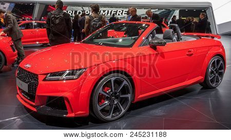 Geneva, Switzerland - March 7, 2017: Audi Tt Rs Cabriolet Sports Car Showcased At The 87th Geneva In