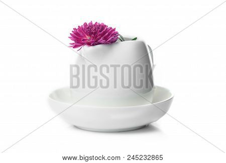 White Dishes With Bright Flower Isolated On White Background