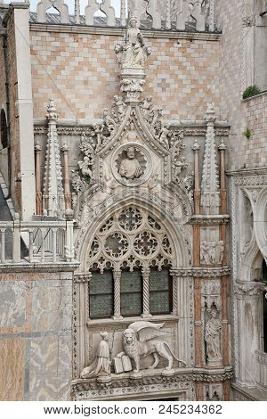 Architectural Fragment Of Doge Palace Entrance (palazzo Ducale, 1340) From St. Mark Square. Palace W