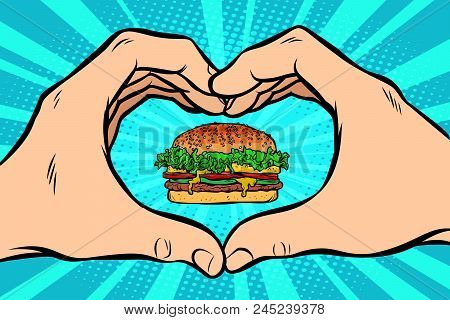 Burger, Hand Gesture Heart. Comic Cartoon Pop Art Retro Vector Illustration Kitsch Vintage Drawing