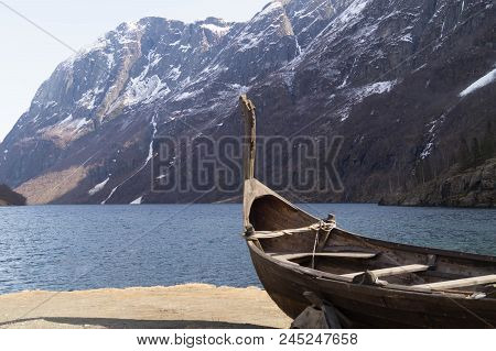 An Old Rebuilt Vikings Ship At Sognefjord In Norway