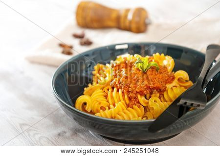 Radiatori pasta Bolognese on the table