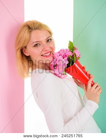 Who Is Her Secret Admirer Lady Happy Received Flowers From Secret Admirer. Woman Smiling Dreamy Try 