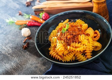Radiatori pasta Bolognese on the table