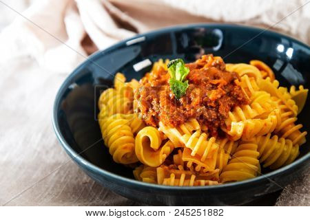Radiatori pasta Bolognese on the table