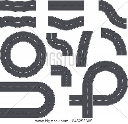 Set Of Street And Road Elements With Traffic Marks For City Map Or Other Design.