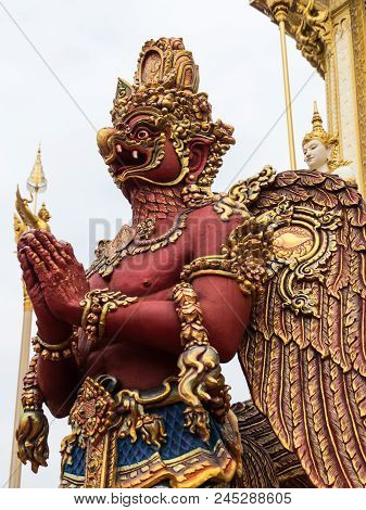 Bangkok Thailand, November 1, 2017 : The Red Garuda, Sculpture In The Royal Crematorium Of King Rama