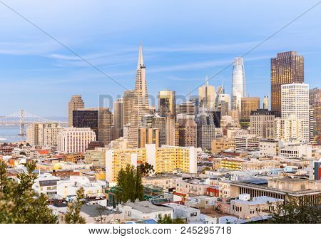 San Francisco downtown skyline Aerial view at sunset from Ina Coolbrith Park Hill in San Francisco, California, USA.