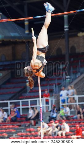 Stockholm, Sweden - Jun 10, 2018: Iryna Zhuk (belarus) Jumping In The Pole Vault Competition In Iaaf