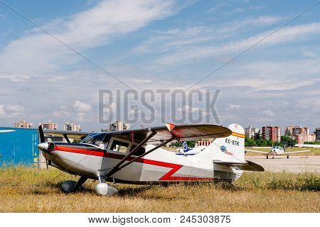 Madrid, Spain - June 3, 2018: Stinson 108 Voyager Btk Aircraft During Air Show Of Historic Aircraft 