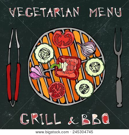 Black Board Background. Vegetarian Grill. Vegetable Bbq. Picnic And Barbeque Appliances Tongs And Fo
