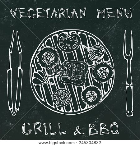 Black Board Background. Vegetarian Grill. Vegetable Bbq. Picnic And Barbeque Appliances Tongs And Fo