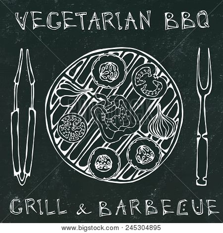 Black Board Background. Vegetarian Grill. Vegetable Bbq. Picnic And Barbeque Appliances Tongs And Fo