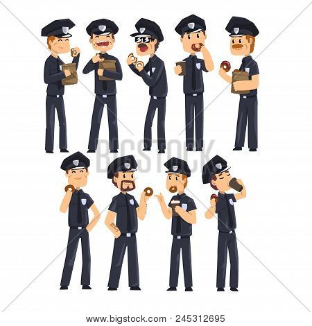 Police Officers In Blue Uniform Drinking Coffee And Eating Donuts, Policemen Cartoon Characters Set 