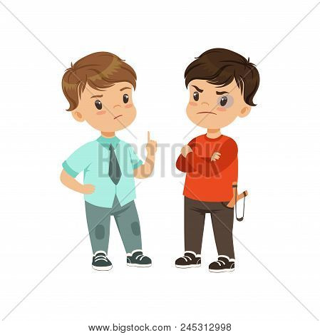 Brave Litlle Boy Trying To Stop The Bully With A Slingshot Vector Illustration Isolated On A White B
