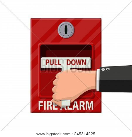 Hand Switch Fire Alarm System. Fire Equipment. Vector Illustration In Flat Style