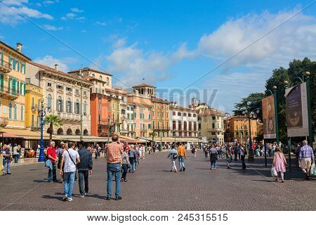 Verona, Italy - September, 2017: People Walking Near Verona Arena Beautiful Old Street In The City C