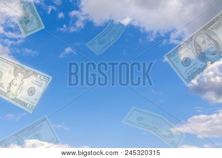 Collage. Mirage - Against The Blue Sky Flying Transparent Dollars.