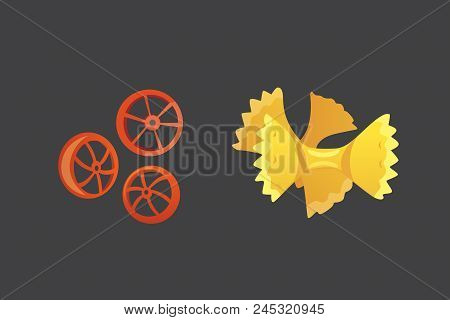 Vector Italian Pasta In Cartoon Style. Different Types And Shapes Of Macaroni With. Ravioli, Spaghet