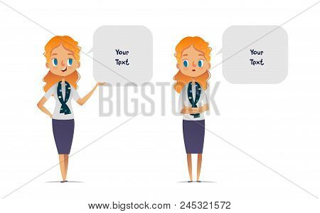 Set Of Happy And Unhappy Women Or Scout Troop Leaders Dressed In Smart Clothes And Speech Bubbles Wi