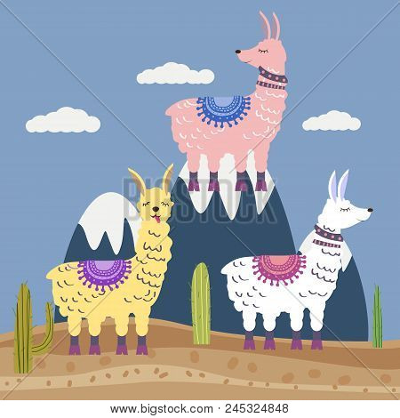 Set Of Cute Vector Alpaca And Cactus Elements. Editable Vector Illustration