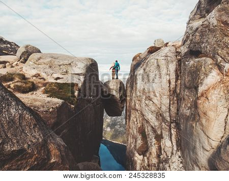 Travel Couple On Kjeragbolten Romantic Trip In Norway Kjerag Mountains Vacations Adventure Lifestyle