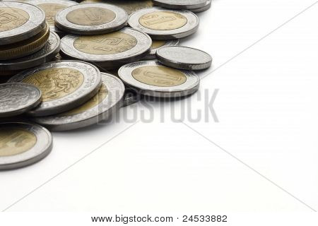 Moedas de Peso mexicano com espaço em branco da cópia
