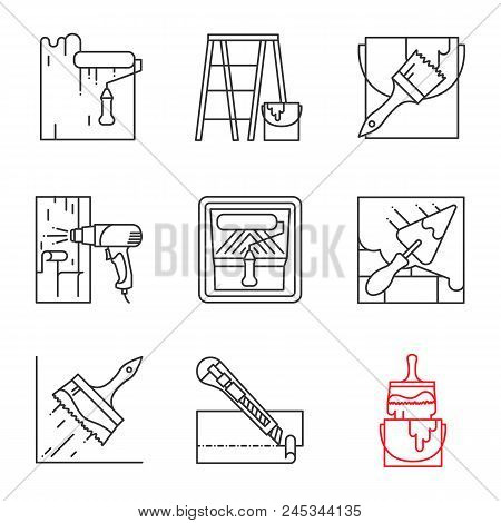 Construction Tools Linear Icons Set. Paint Roller, Scaffolding Ladder, Bucket With Brush, Hot Air Gu