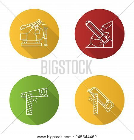 Construction Tools Flat Linear Long Shadow Icons Set. Bench Vice And Wire Brush, Iron Chisel, Hand S